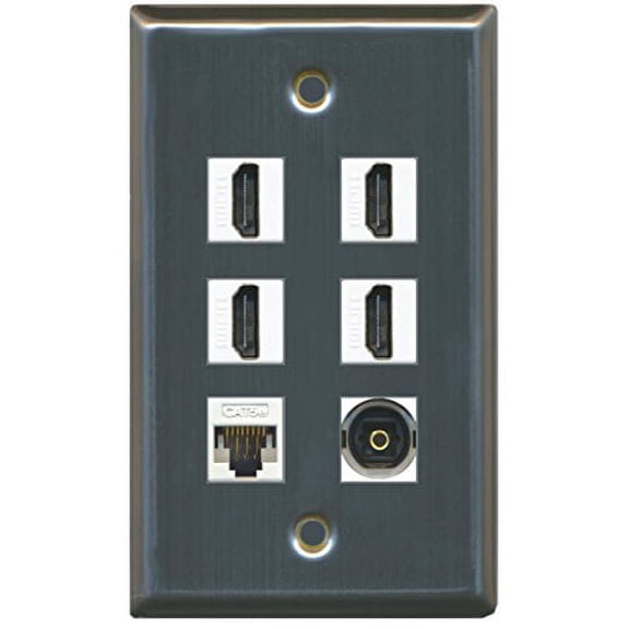 RiteAV - 4 HDMI and 1 - Ethernet Cat5e and 1 - Toslink Port Wall Plate White - Stainless Steel