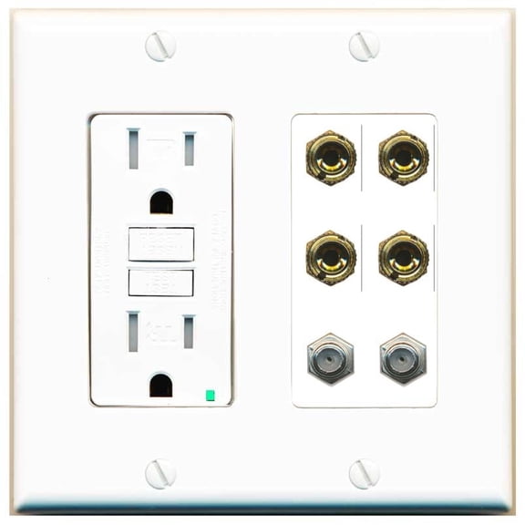 RiteAV 4 Port Banana 2 Speaker Binding Post 2 Coax Wall Plate - GFCI Outlet [White]