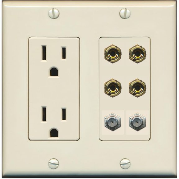 RiteAV 4 Port Banana 2 Speaker Binding Post 2 Coax Wall Plate - Outlet [Light-Almond]