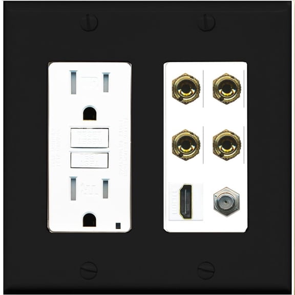 RiteAV 4 Port Banana 2 Speaker Binding Post HDMI Coax Wall Plate - GFCI Outlet [Black/White]