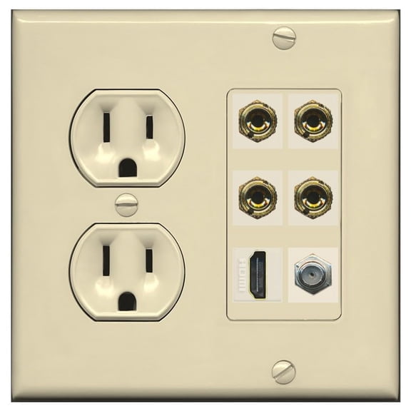 RiteAV 4 Port Banana 2 Speaker Binding Post HDMI Coax Wall Plate - Round Outlet [Ivory/Ivory]