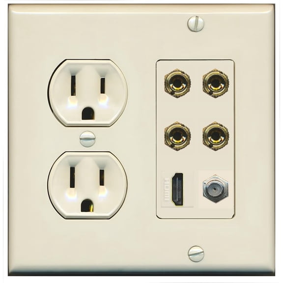 RiteAV 4 Port Banana 2 Speaker Binding Post HDMI Coax Wall Plate - Round Outlet [Light-Almond]