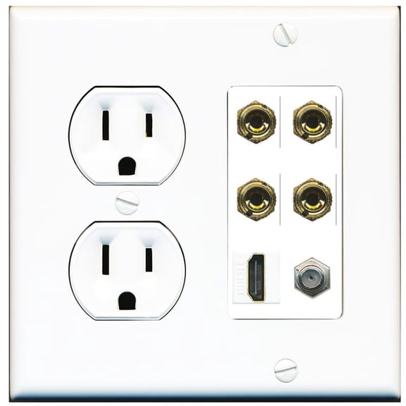 RiteAV 4 Port Banana 2 Speaker Binding Post HDMI Coax Wall Plate - Round Outlet [White]