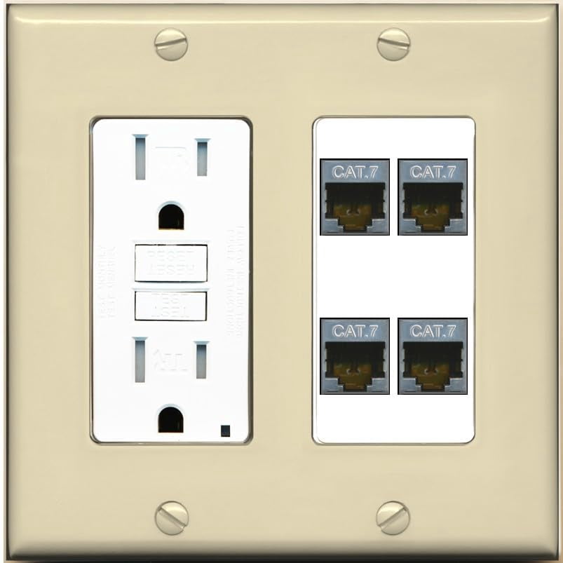 RiteAV 4 Port Cat7 Shielded Ethernet Wall Plate - GFCI Outlet [Ivory/White]