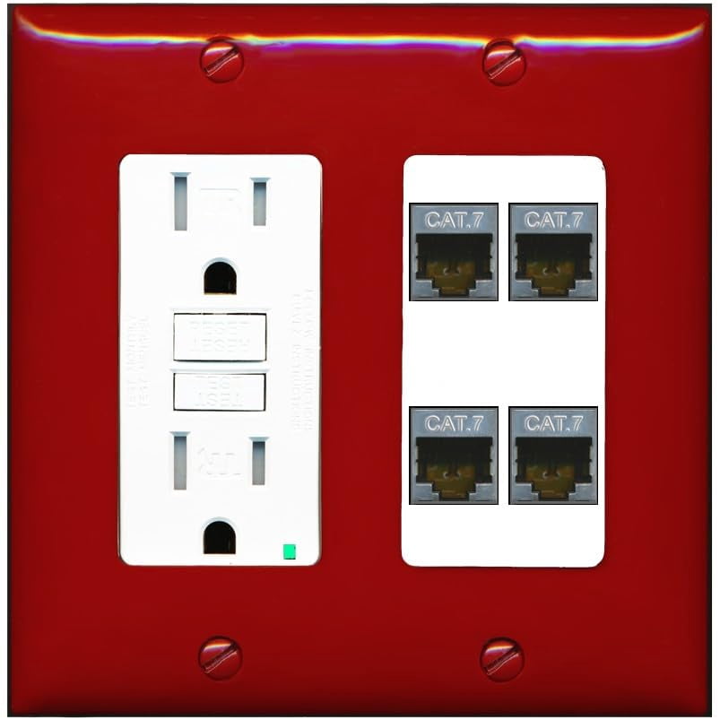 RiteAV 4 Port Cat7 Shielded Ethernet Wall Plate - GFCI Outlet [Red/White]