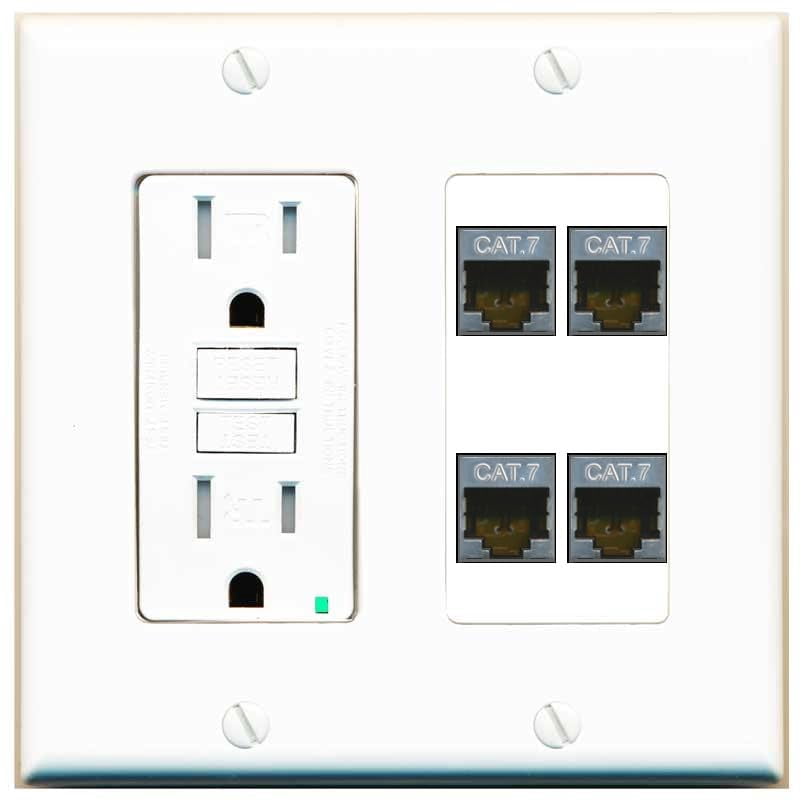 RiteAV 4 Port Cat7 Shielded Ethernet Wall Plate - GFCI Outlet [White]