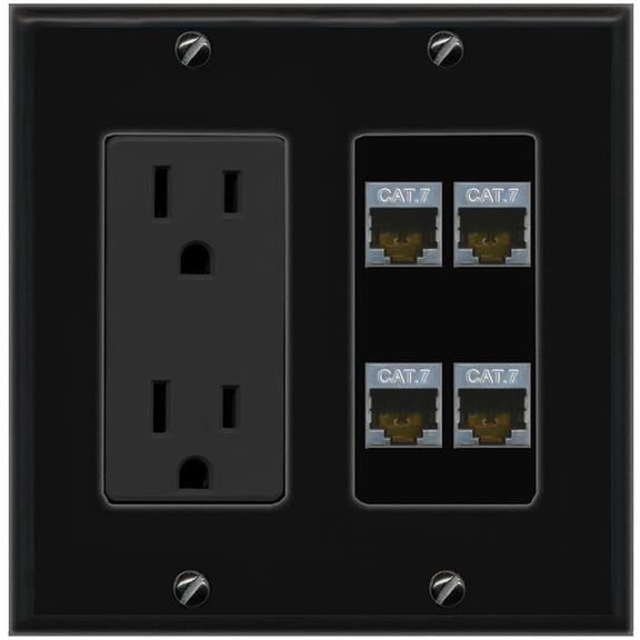 RiteAV 4 Port Cat7 Shielded Ethernet Wall Plate - Outlet [Black/Black]