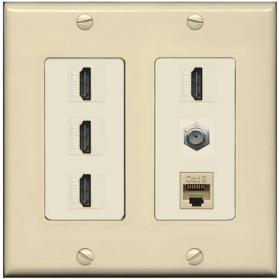 RiteAV 4 Port HDMI 1 Coax Cable TV- F-Type 1 Cat6 Ethernet Wall Plate - 2 Gang [Ivory/Light-Almond]