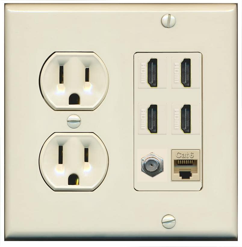 RiteAV 4 Port HDMI 1 Coax Cable TV- F-Type 1 Cat6 Ethernet Wall Plate - Round Outlet [Light-Almond]