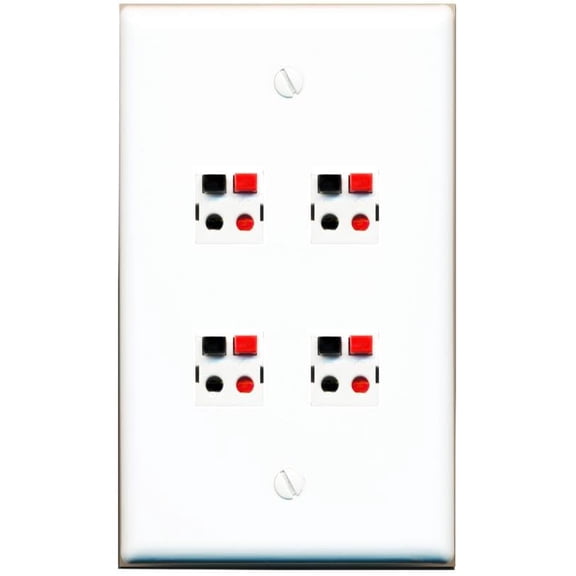 RiteAV 4 Port Speaker Wire Plug Jack Wall Plate - Flat Style [White]