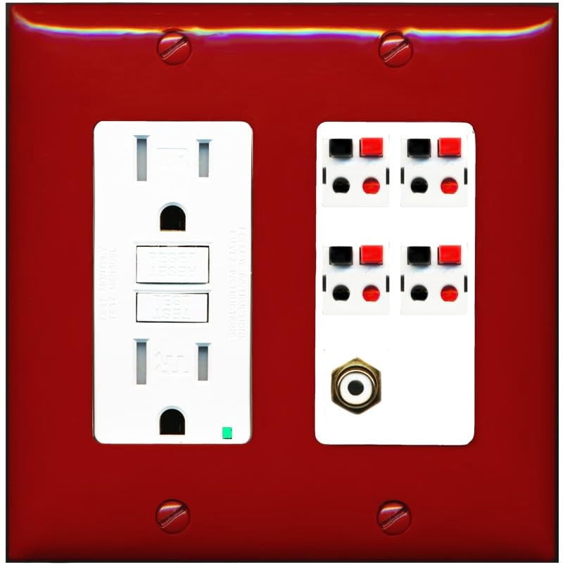 RiteAV 4 Port Speaker Wire Plug Jack Wall Plate with 1 RCA for Subwoofer - GFCI Outlet [Red/White]