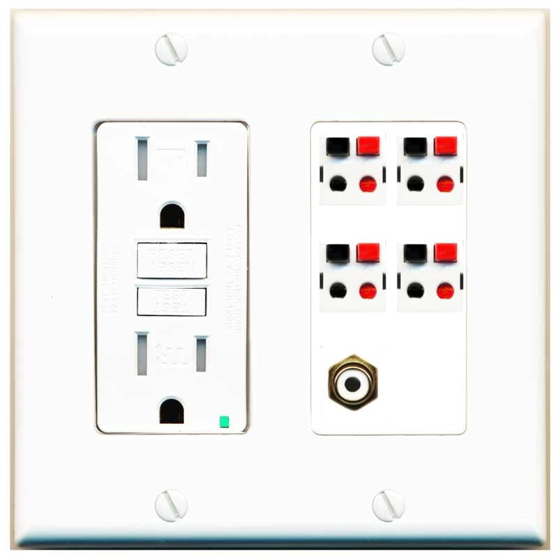 RiteAV 4 Port Speaker Wire Plug Jack Wall Plate with 1 RCA for Subwoofer - GFCI Outlet [White]