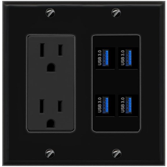 RiteAV 4 USB-3 Wall Plate with 15A Power Outlet [Black]