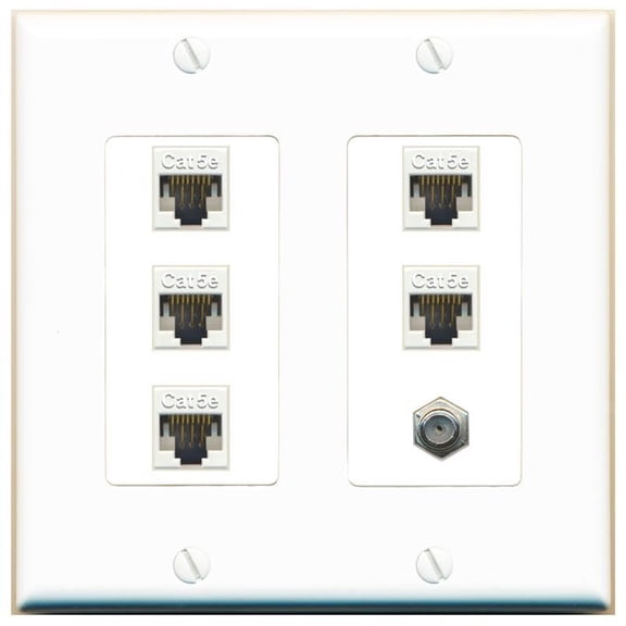 RiteAV 5 Port Cat5e Ethernet and 1 x Coax Wall Plate - 2 Gang [White]