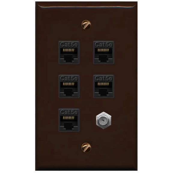 RiteAV 5 Port Cat5e Ethernet and 1 x Coax Wall Plate - Flat Style [Brown/Brown]