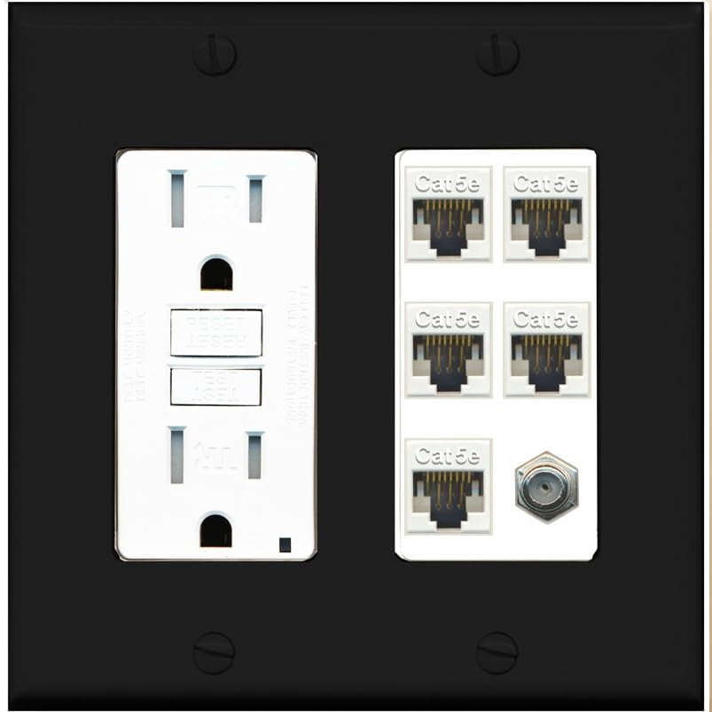 RiteAV 5 Port Cat5e Ethernet and 1 x Coax Wall Plate - GFCI Outlet [Black/White]