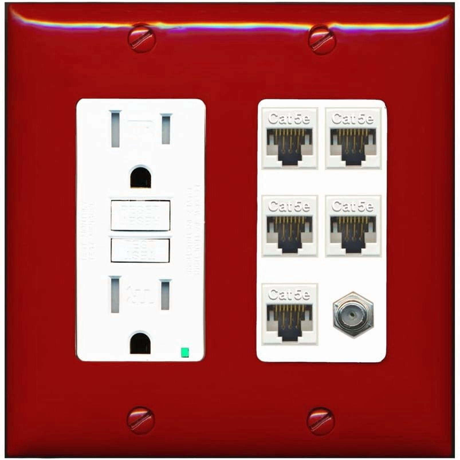 RiteAV 5 Port Cat5e Ethernet and 1 x Coax Wall Plate - GFCI Outlet [Red/White]