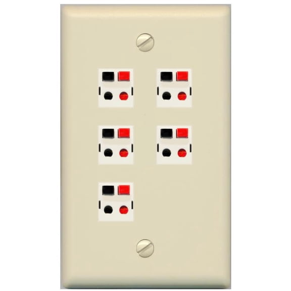 RiteAV 5 Port Speaker Wire Plug Jack Wall Plate - Flat Style [Ivory/Ivory]