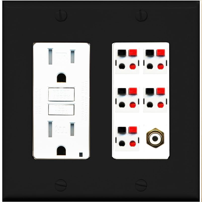 RiteAV 5 Port Speaker Wire Plug Jack Wall Plate with 1 RCA for Subwoofer - GFCI Outlet [Black/White]