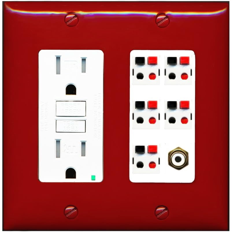 RiteAV 5 Port Speaker Wire Plug Jack Wall Plate with 1 RCA for Subwoofer - GFCI Outlet [Red/White]