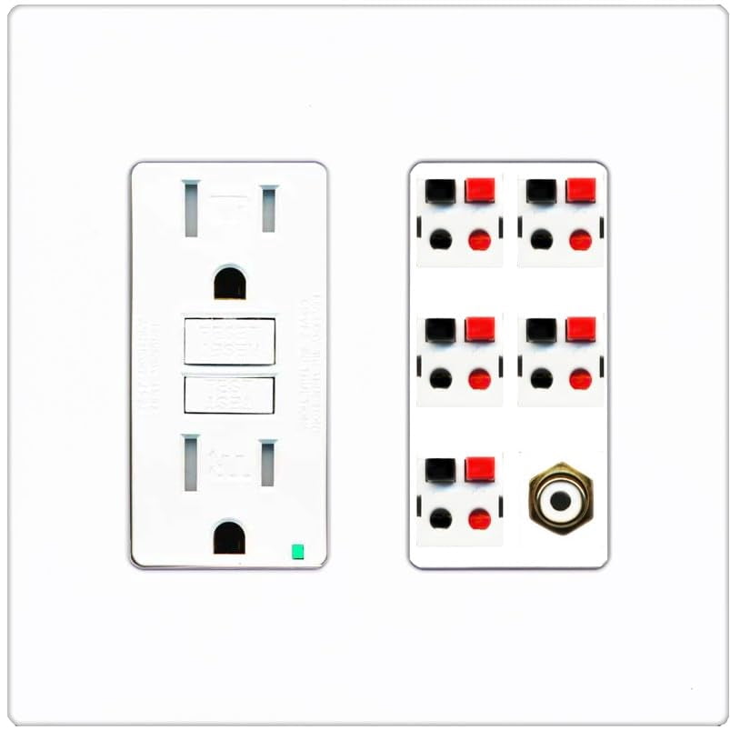 RiteAV 5 Port Speaker Wire Plug Jack Wall Plate with 1 RCA for Subwoofer - GFCI Outlet [Screwless White]