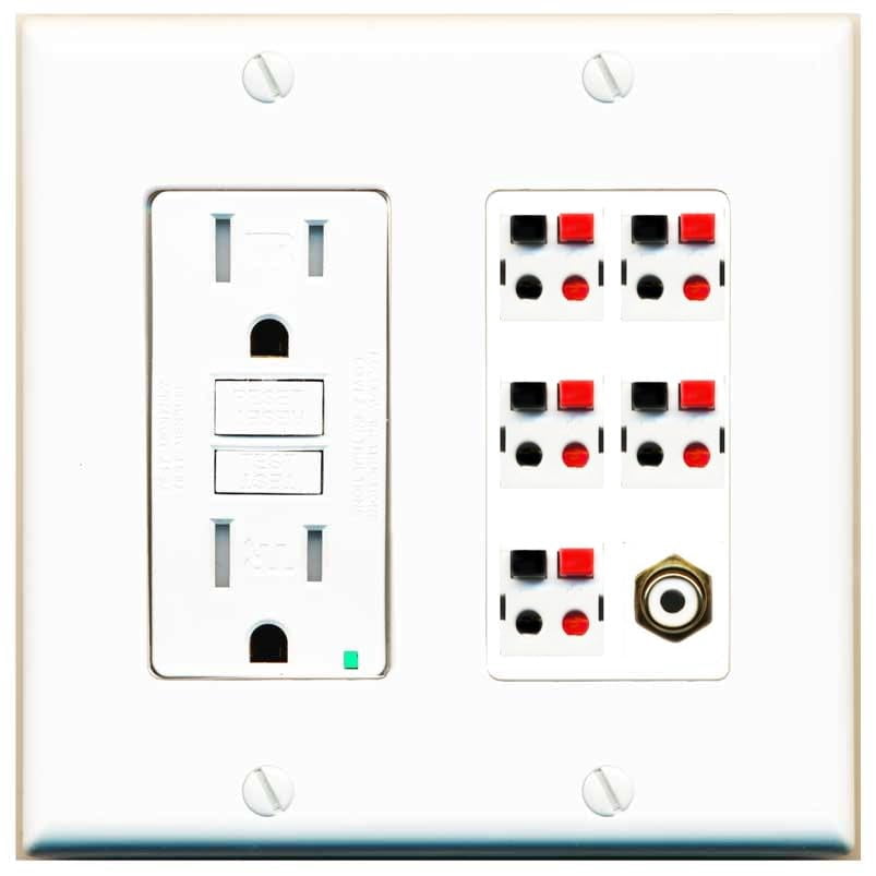 RiteAV 5 Port Speaker Wire Plug Jack Wall Plate with 1 RCA for Subwoofer - GFCI Outlet [White]