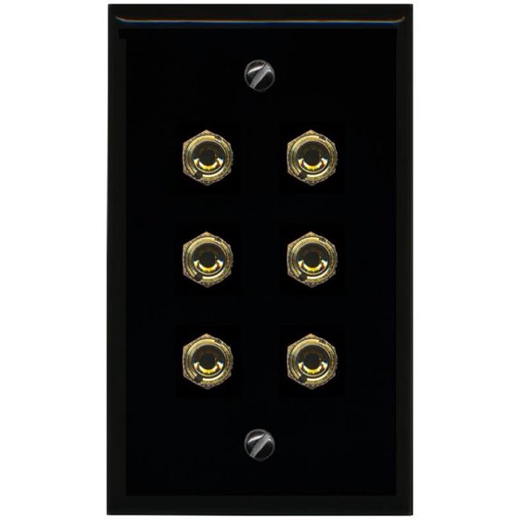 RiteAV 6 Banana 3 Speaker Surround Female Coupler Binding Post Wall Plate - Flat [Black/Black]