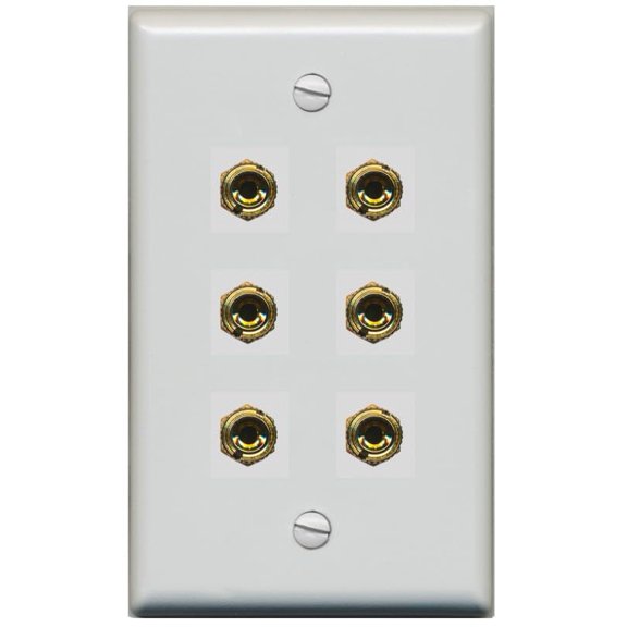RiteAV 6 Banana 3 Speaker Surround Female Coupler Binding Post Wall Plate - Flat Style [Gray/Gray]
