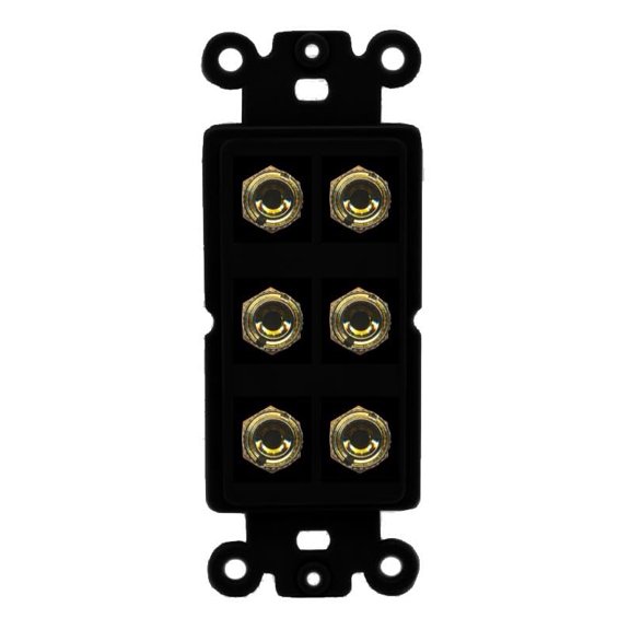 RiteAV 6 Banana 3 Speaker Surround Female Coupler Binding Post Wall Plate - Rocker [Black/Black]