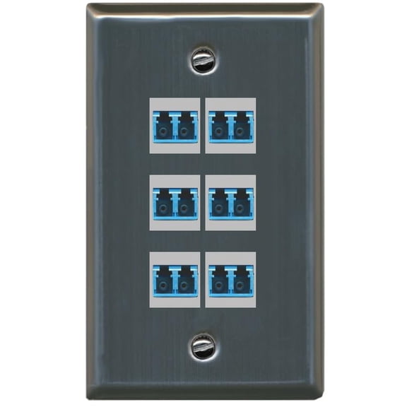 RiteAV 6 Port LC Fiber Optic Singlemode Duplex Wall Plate - Flat Style [Stainless Steel]