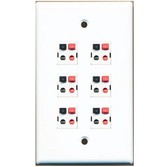 RiteAV 6 Port Speaker Jack Single Gang Wall Plate for Home Theater - White
