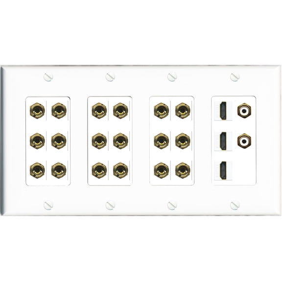 RiteAV 9.2 Surround Sound 9 Speaker 18 Banana Plug Jack Wall Plate w/ 2 RCA Subwoofer + 3 HDMI Female Connectors - 4 Gang [White]