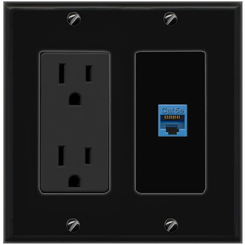 RiteAV CAT5E-BLUE Wall Plate with Power Outlet [Black]