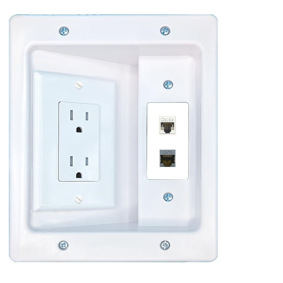RiteAV CAT5E CAT6-SHIELDED Recessed Wall Plate Cable Concealer Management Kit with Power Outlet Hides Cords and Cables