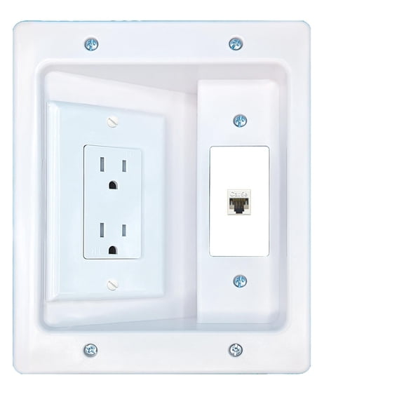 RiteAV CAT5E Recessed Wall Plate Cable Concealer Management Kit with Power Outlet Hides Cords and Cables