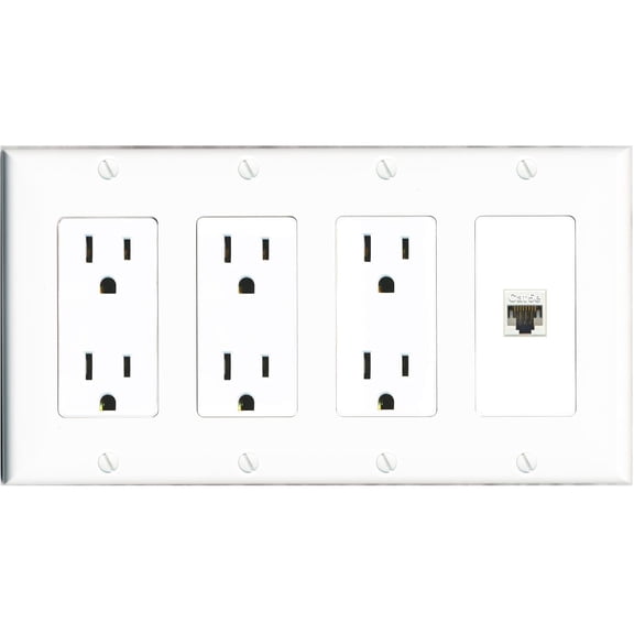 RiteAV CAT5E-WHITE Wall Plate 4 Gang with 3 x 15A Duplex Power Outlets