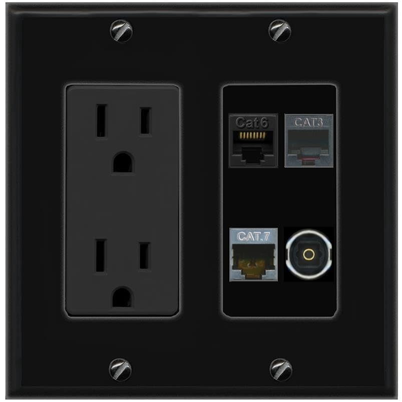 RiteAV CAT6 CAT7 Phone TOSLINK Wall Plate with 15A Power Outlet [Black]