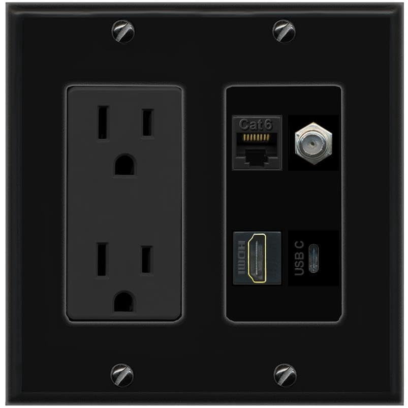 RiteAV CAT6 Coax HDMI USBC Wall Plate with 15A Power Outlet [Black]