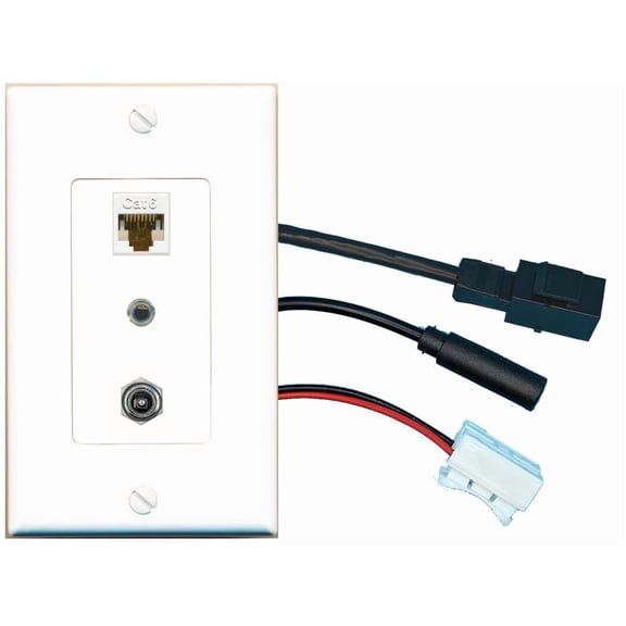 RiteAV CAT6 DC-Power 3.5mm Wall Plate with Pigtail Dongle Extension White