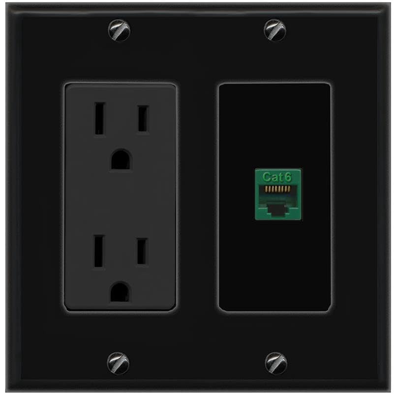 RiteAV CAT6-GREEN Wall Plate with Power Outlet [Black]