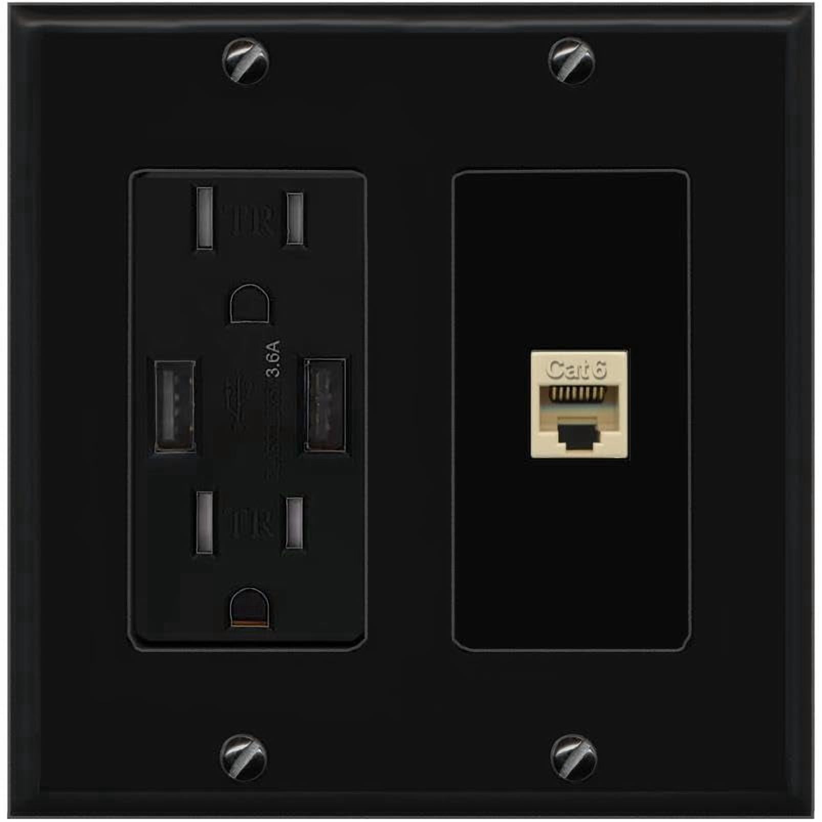 RiteAV CAT6-IVORY Wall Plate with USB A Charger Power Outlet [Black]