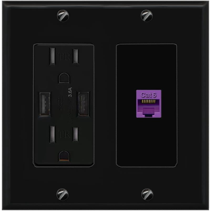 RiteAV CAT6-PURPLE Wall Plate with USB A Charger Power Outlet [Black]