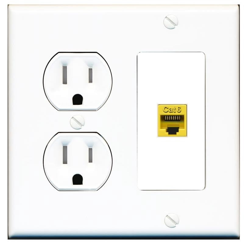 RiteAV CAT6-YELLOW Wall Plate with Round Tamper Resistant Power Outlet [White]