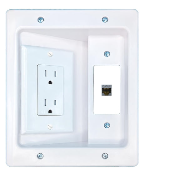 RiteAV CAT6A Recessed Wall Plate Cable Concealer Management Kit with Power Outlet Hides Cords and Cables