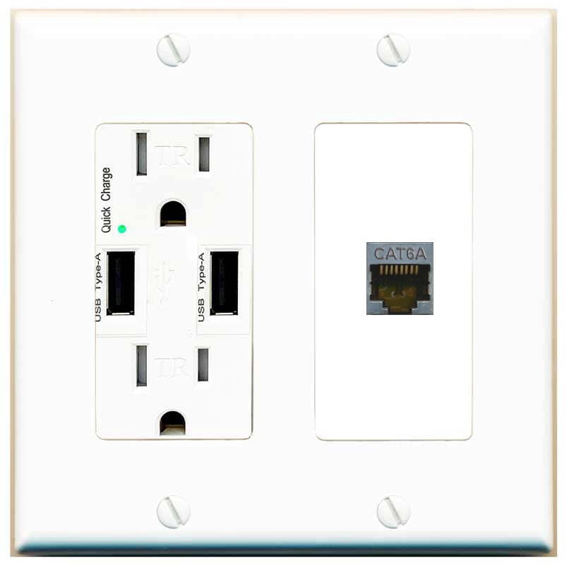 RiteAV CAT6A Wall Plate with USB A Charger Power Outlet [White]