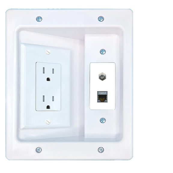RiteAV CAT7 Coax Recessed Wall Plate Cable Concealer Management Kit with Power Outlet Hides Cords and Cables