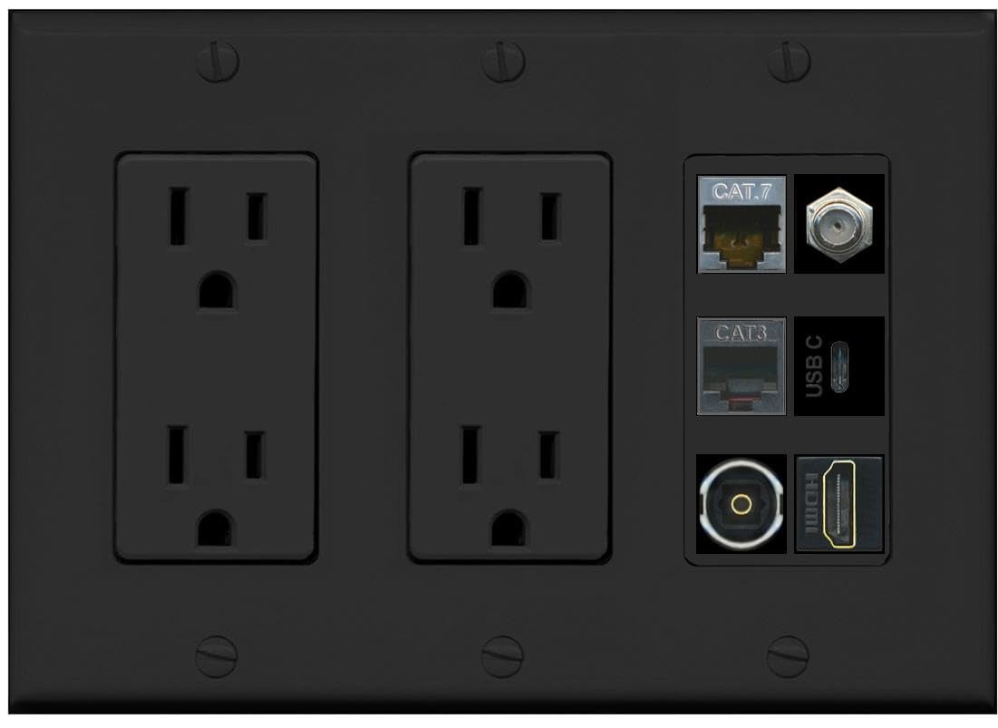 RiteAV Cat7 Coax HDMI Phone Toslink USB-C Wall Plate - 2 Outlet Black/Black