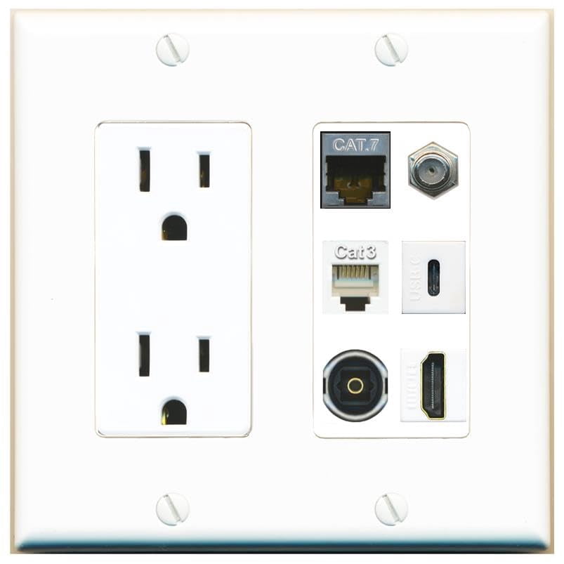 RiteAV Cat7 Coax HDMI Phone Toslink USB-C Wall Plate - Outlet White