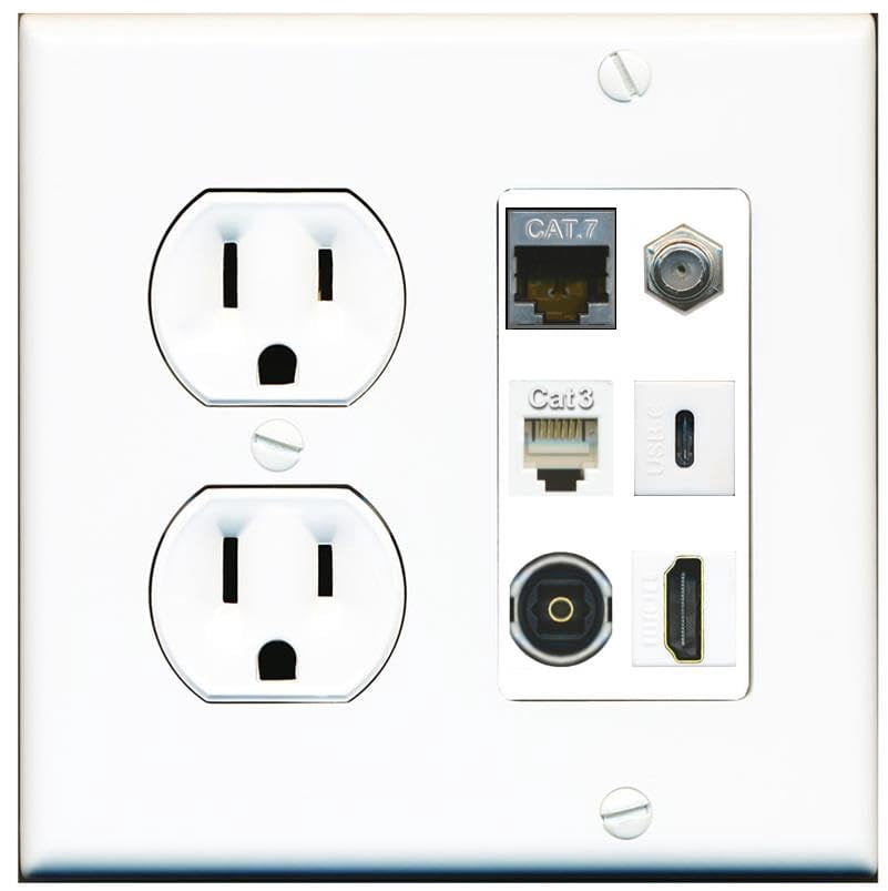 RiteAV Cat7 Coax HDMI Phone Toslink USB-C Wall Plate - Round Outlet White
