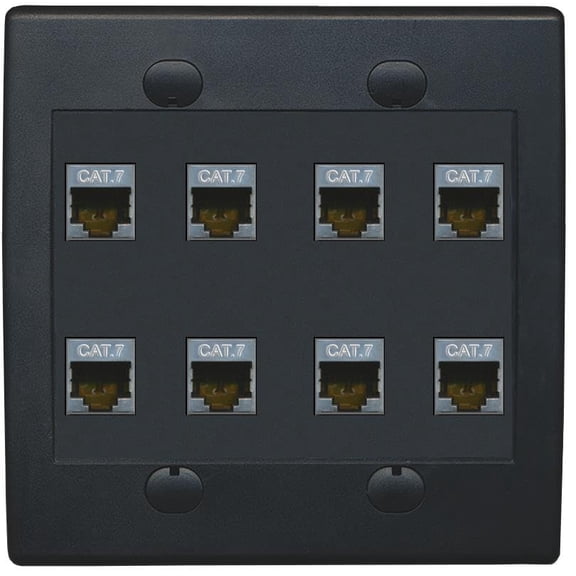 RiteAV Cat7 Wall Plate 8 Port - Flat 2 Gang [Black/Black]